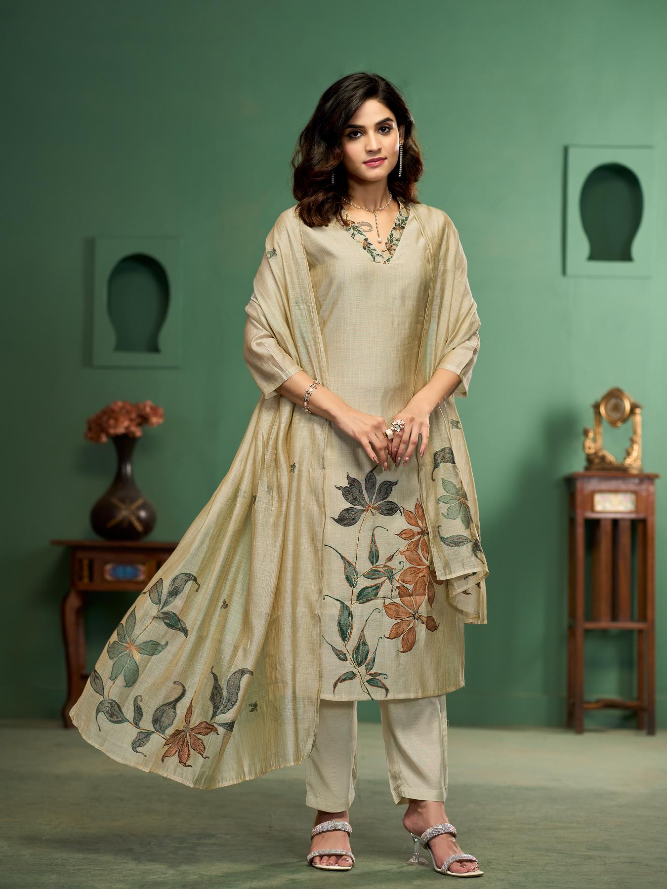 Silk Petals Beige Viscose Cotton Stitched Suit Sets