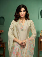 Load image into Gallery viewer, Botanical Strokes Beige Viscose Cotton Stitched Suit Sets
