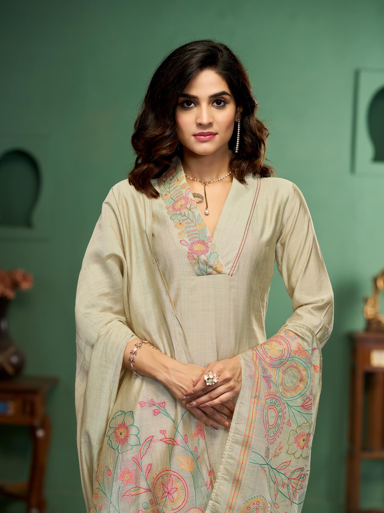 Botanical Strokes Beige Viscose Cotton Stitched Suit Sets