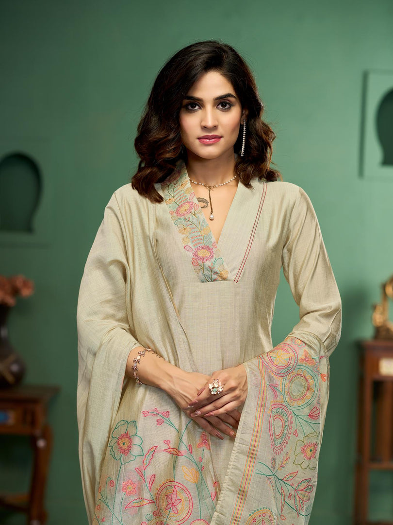 Botanical Strokes Beige Viscose Cotton Stitched Suit Sets