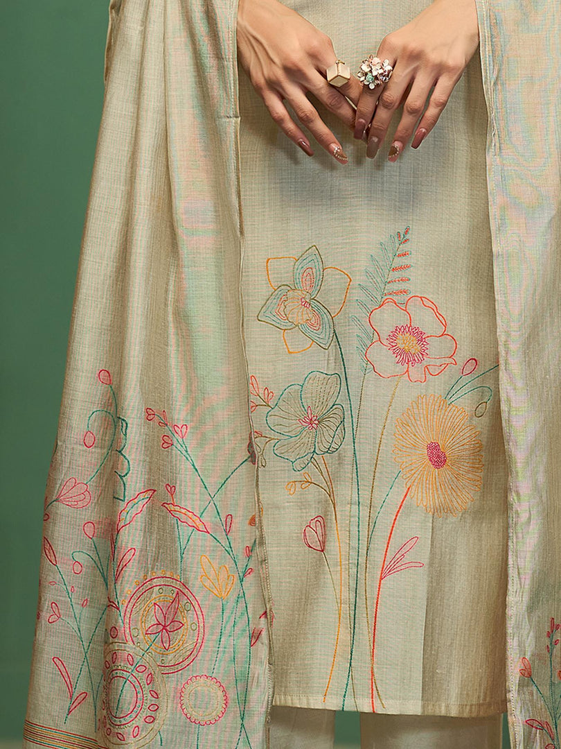 Botanical Strokes Beige Viscose Cotton Stitched Suit Sets