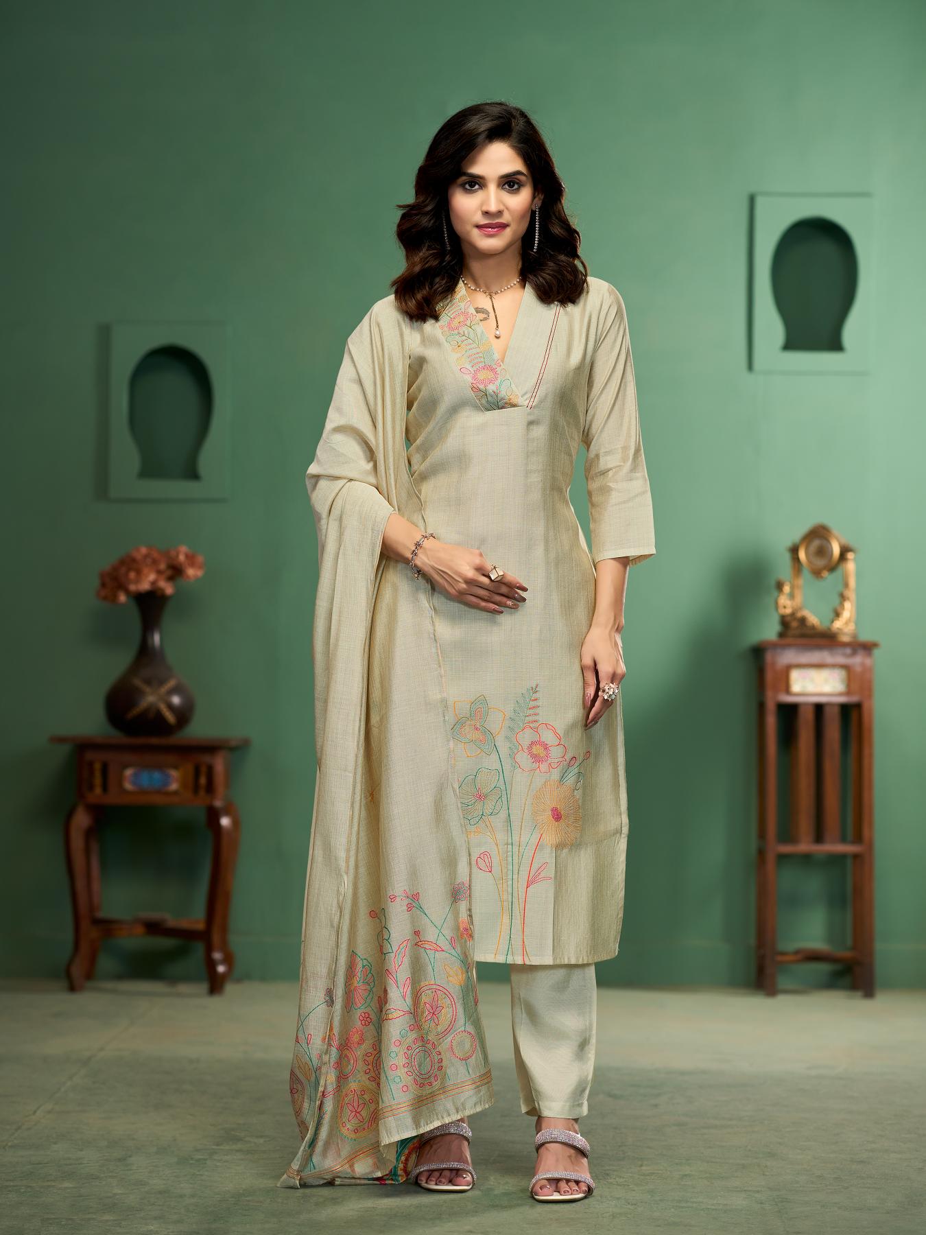 Botanical Strokes Beige Viscose Cotton Stitched Suit Sets