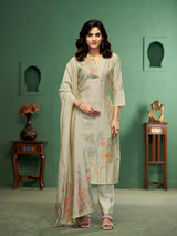 Botanical Strokes Beige Viscose Cotton Stitched Suit Sets