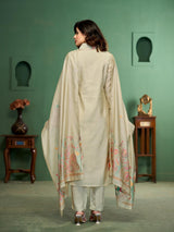 Botanical Strokes Beige Viscose Cotton Stitched Suit Sets
