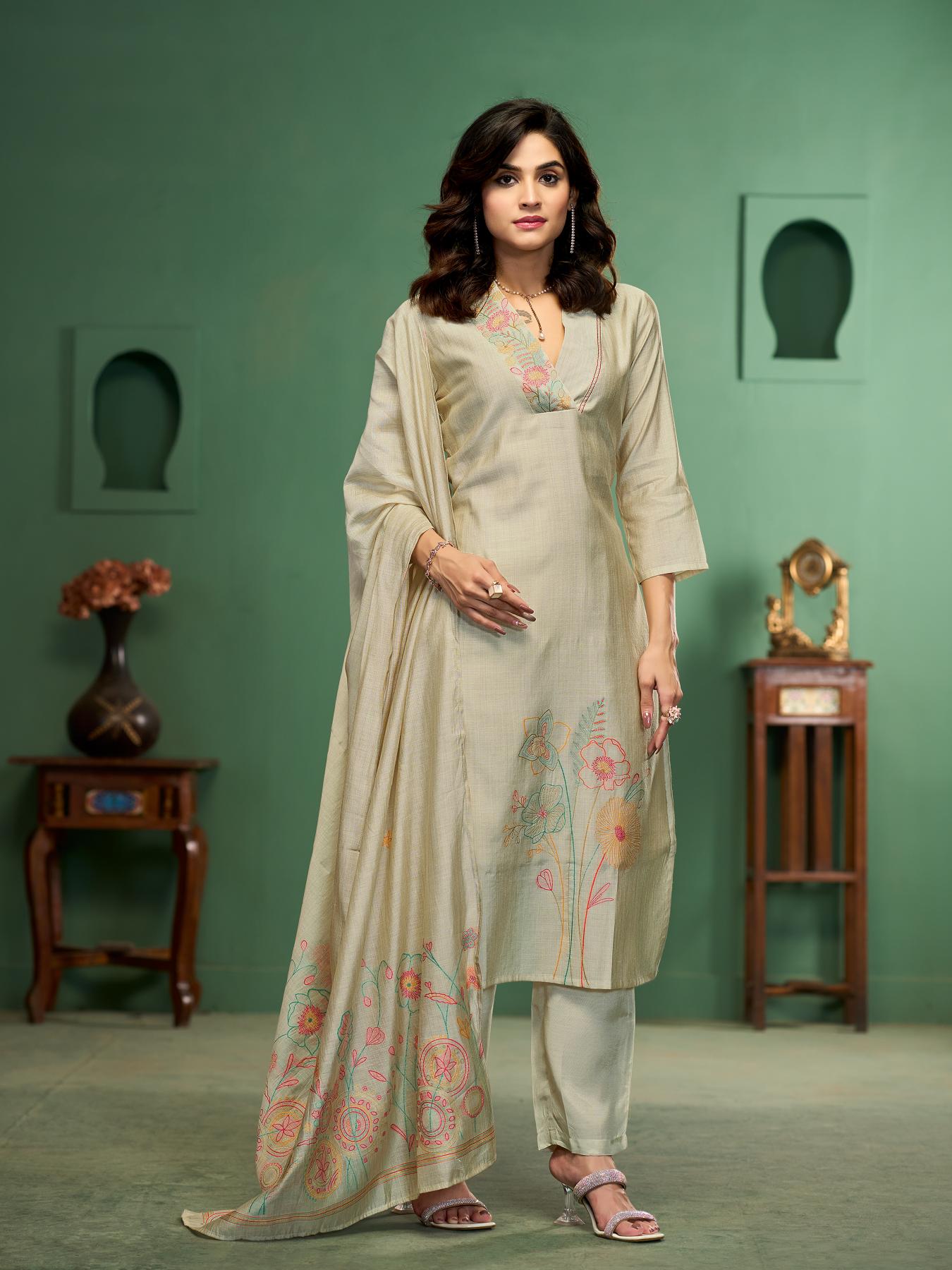 Botanical Strokes Beige Viscose Cotton Stitched Suit Sets