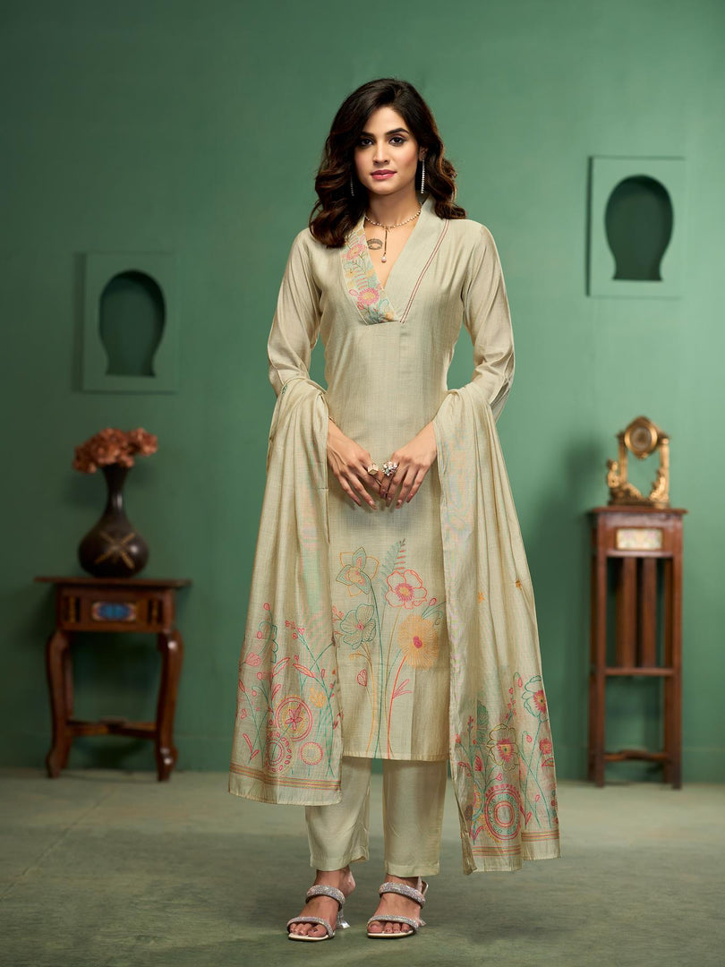 Botanical Strokes Beige Viscose Cotton Stitched Suit Sets