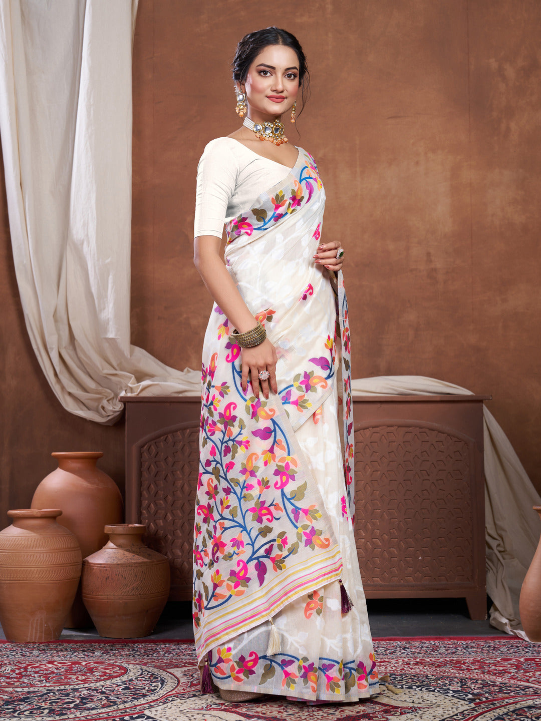 Suhani Off-White Cotton Jamdani Saree