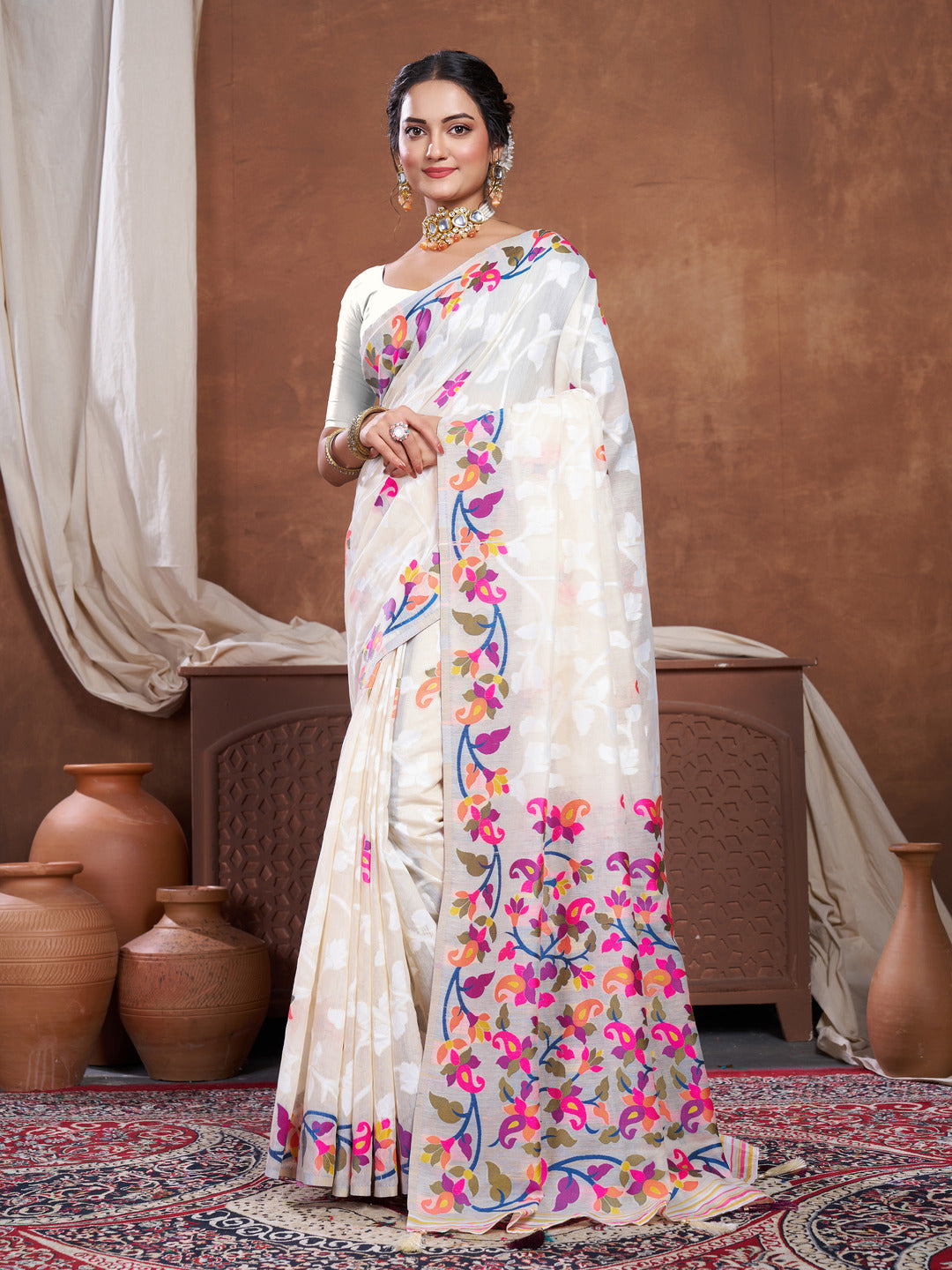 Suhani Off-White Cotton Jamdani Saree