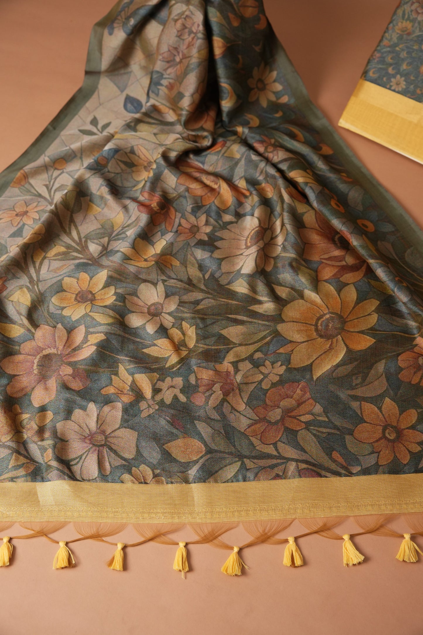 Serene Silhouettes Yellow Muga Cotton Woven Senery Unstitched Suit Set
