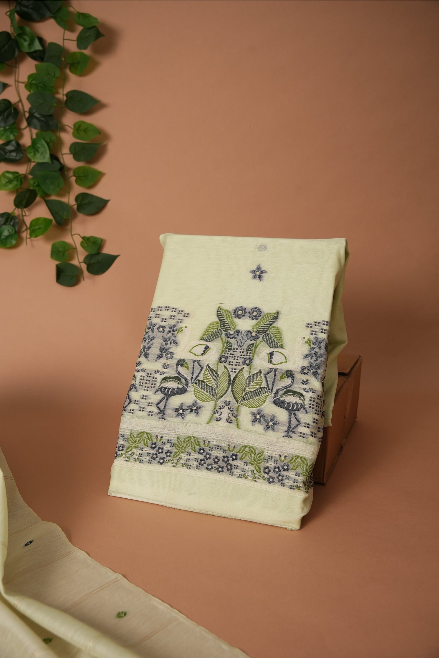 Avant Attire Mint Green Pichwai Jamdani Muga Cotton Unstitched Suit Set