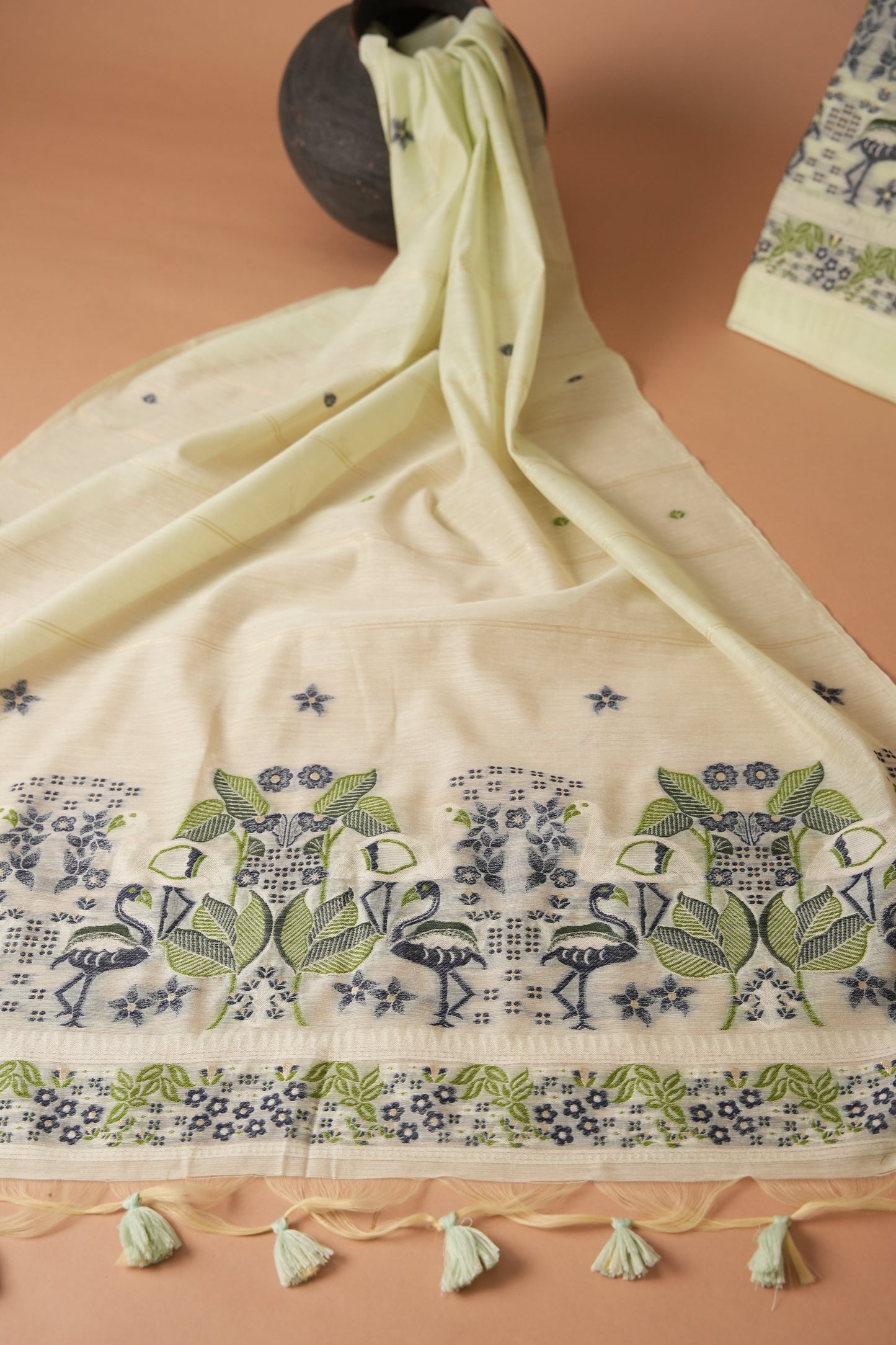 Avant Attire Mint Green Pichwai Jamdani Muga Cotton Unstitched Suit Set