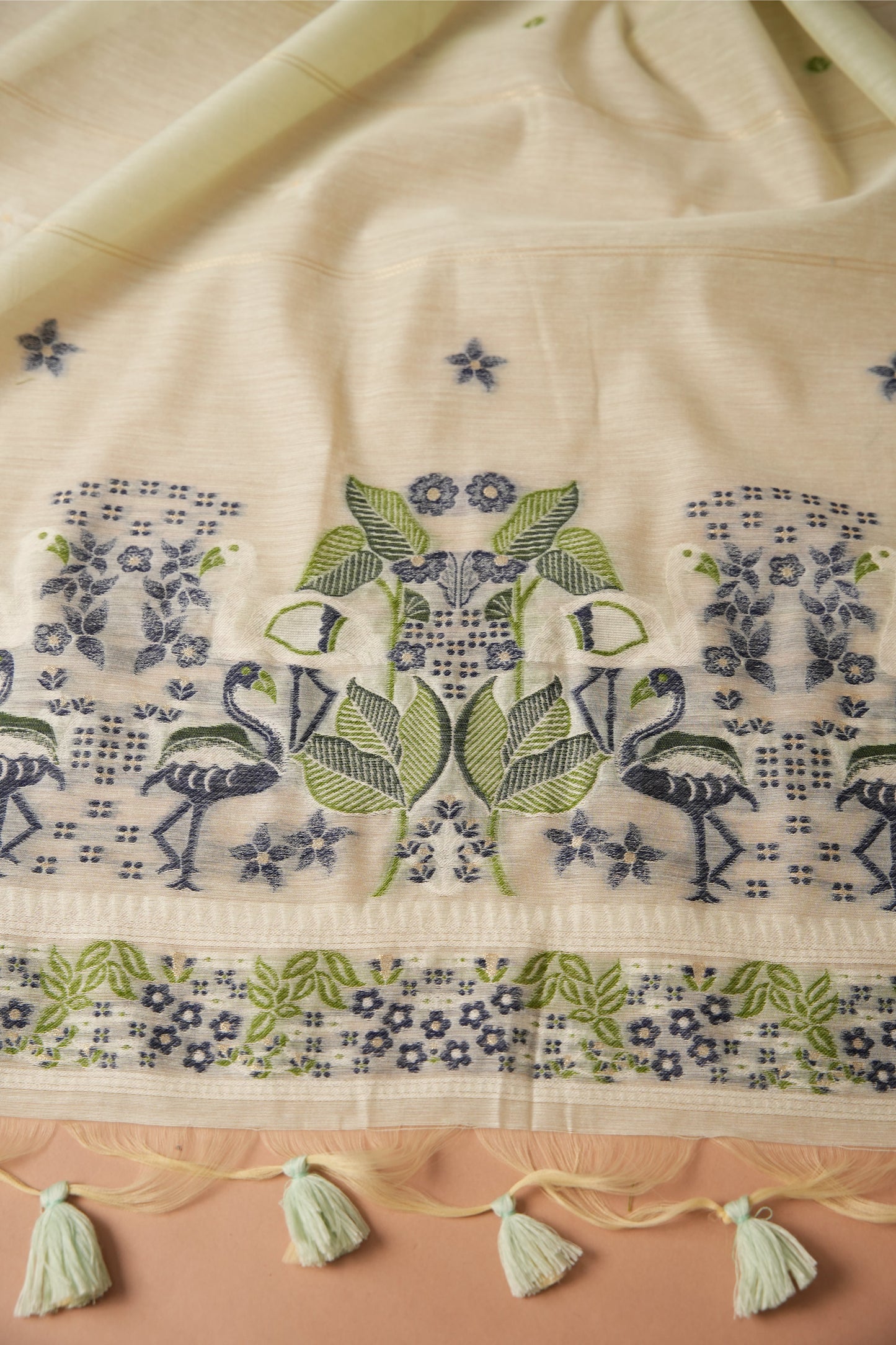 Avant Attire Mint Green Pichwai Jamdani Muga Cotton Unstitched Suit Set