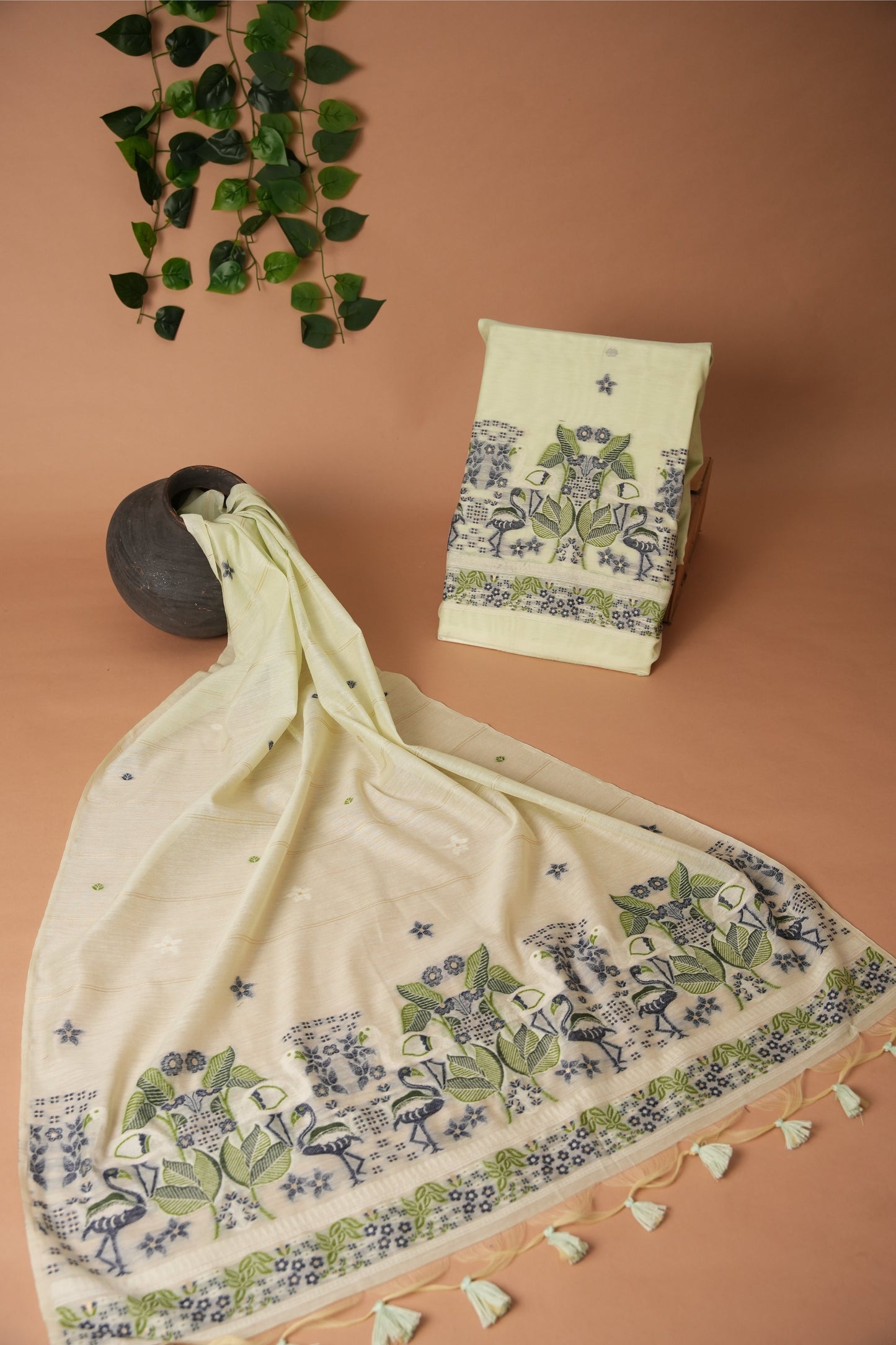 Avant Attire Mint Green Pichwai Jamdani Muga Cotton Unstitched Suit Set