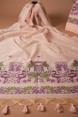 Avant Attire Pink Pichwai Jamdani Muga Cotton Unstitched Suit Set