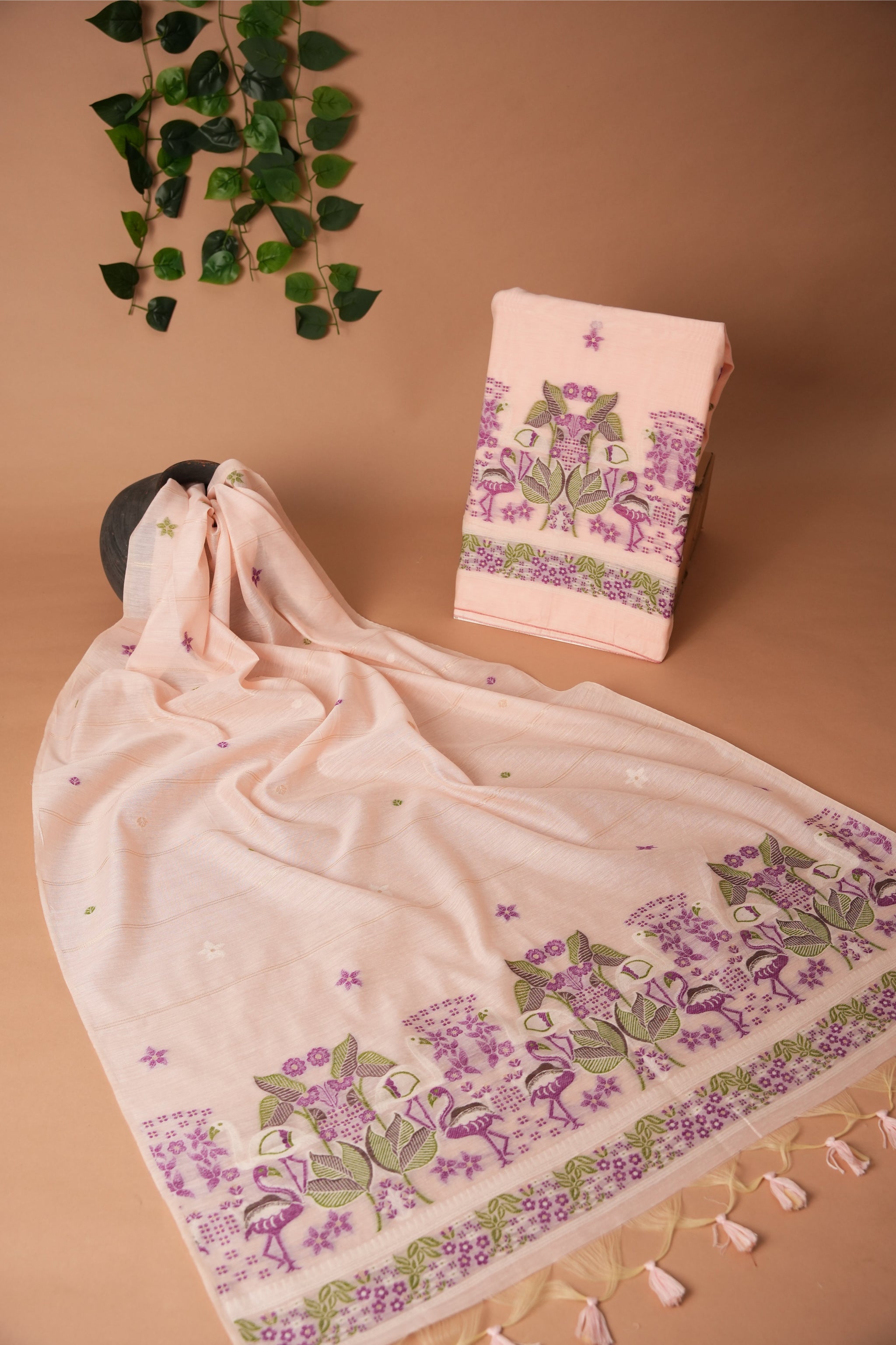 Avant Attire Pink Pichwai Jamdani Muga Cotton Unstitched Suit Set