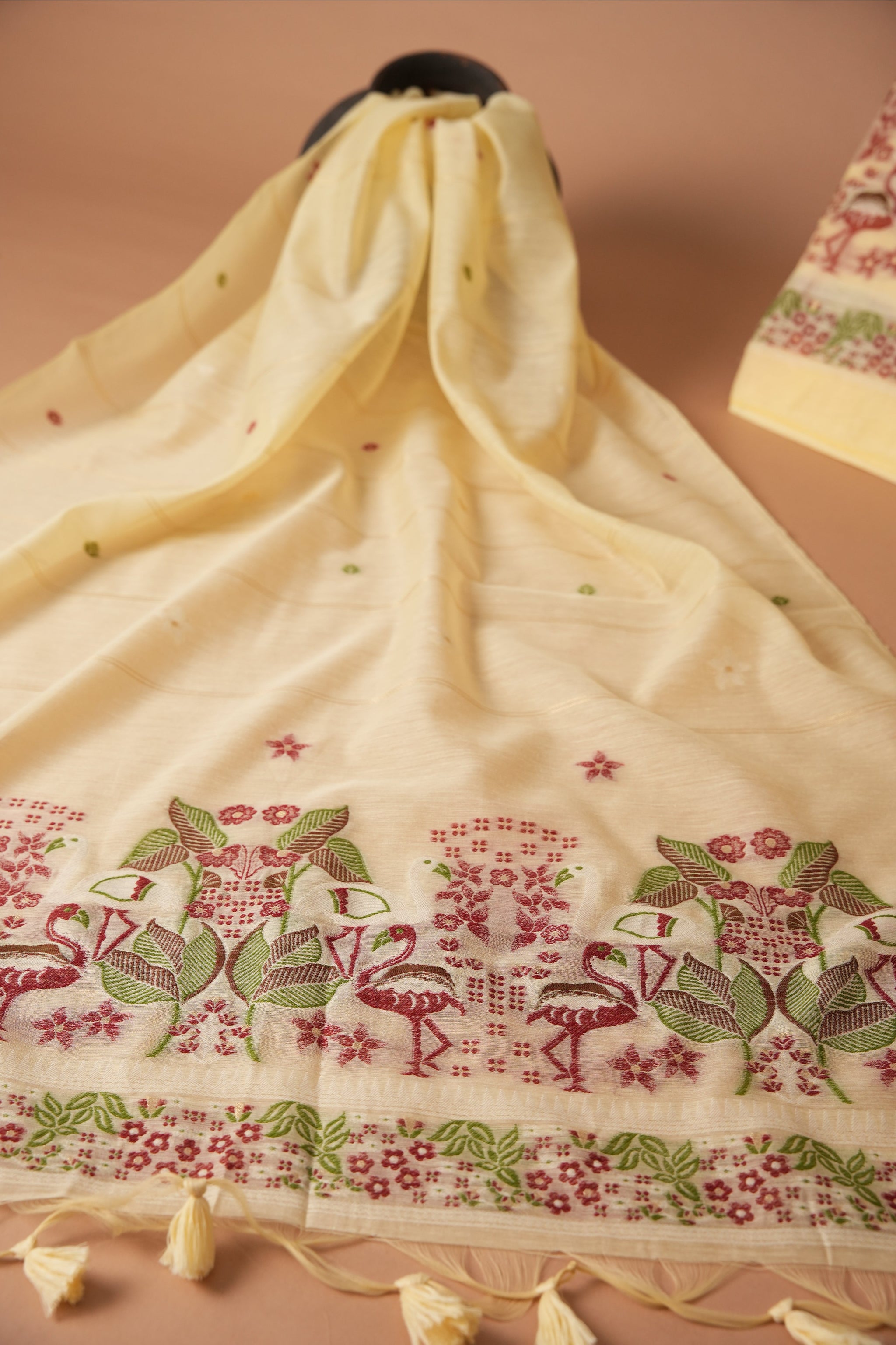 Avant Attire Yellow Pichwai Jamdani Muga Cotton Unstitched Suit Set