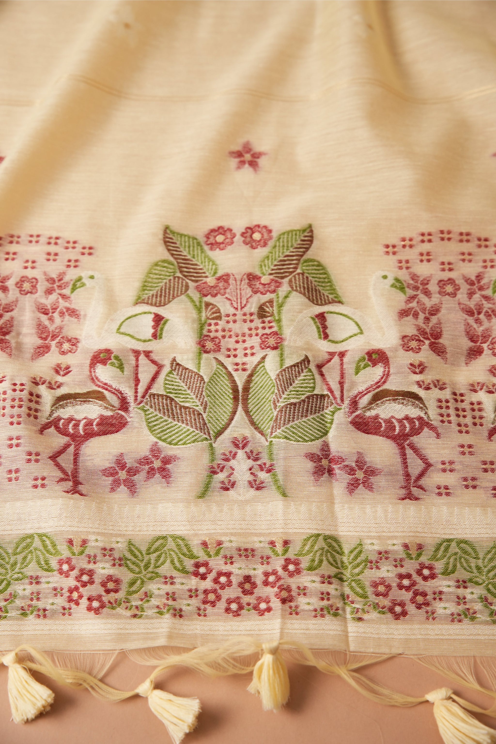 Avant Attire Yellow Pichwai Jamdani Muga Cotton Unstitched Suit Set