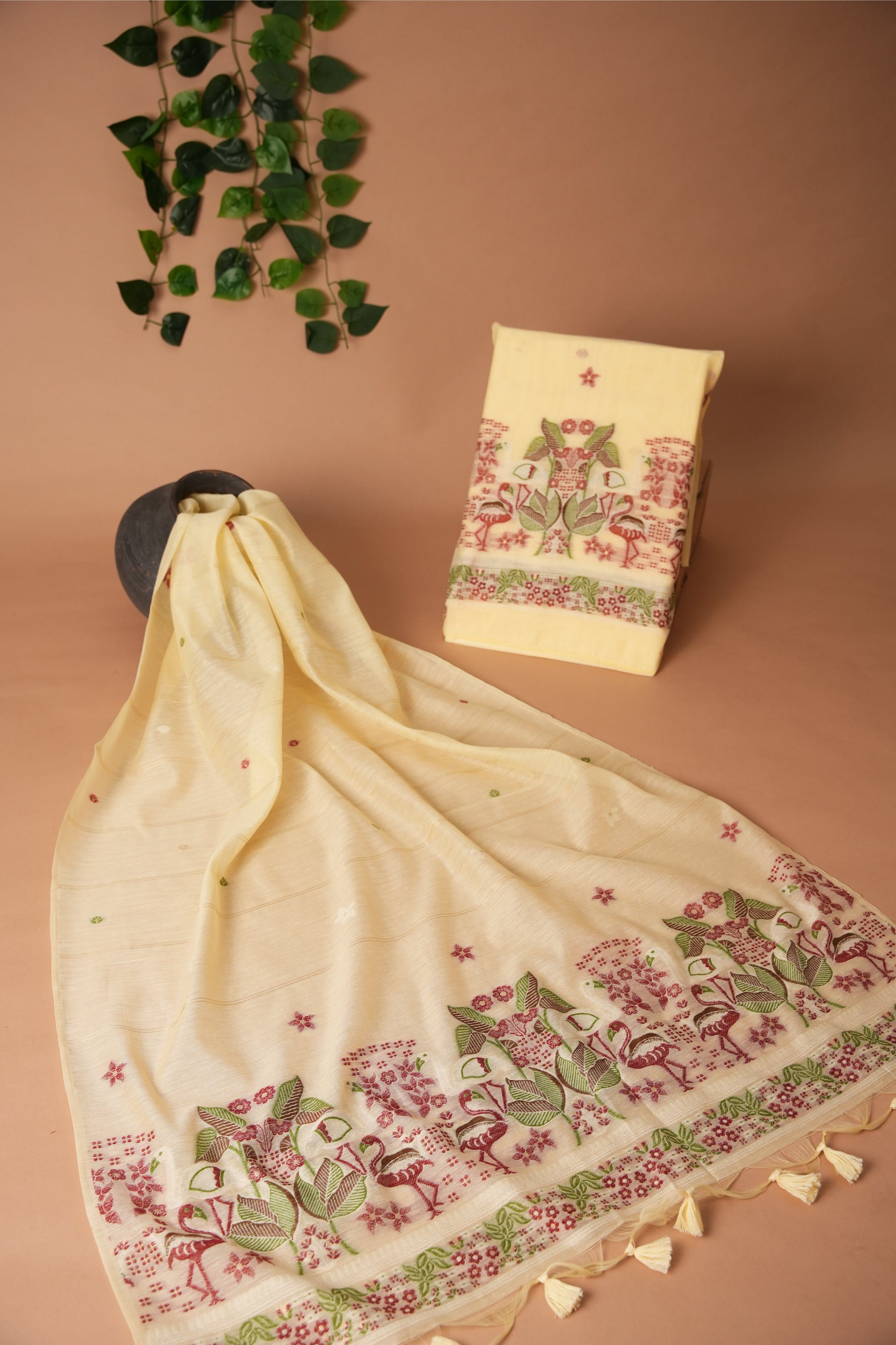 Avant Attire Yellow Pichwai Jamdani Muga Cotton Unstitched Suit Set