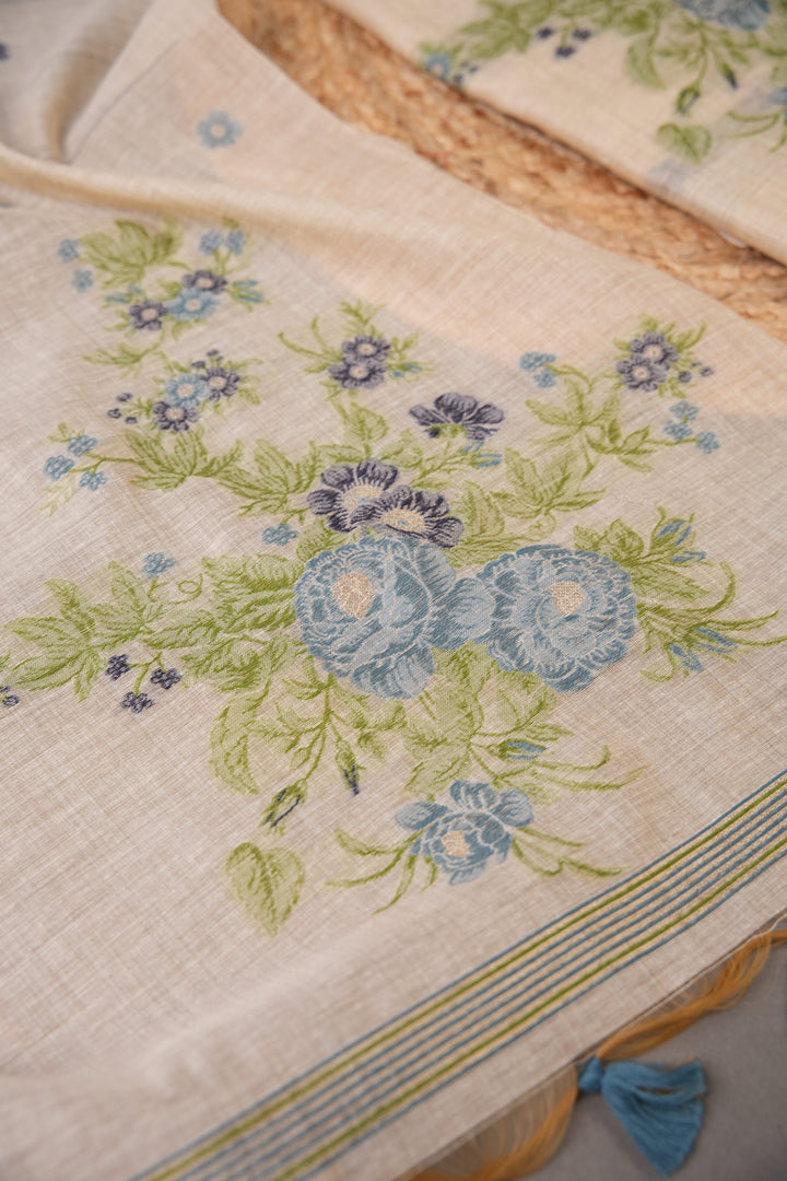 Floral Whispers Blue Muga Cotton Unstitched Suit Set