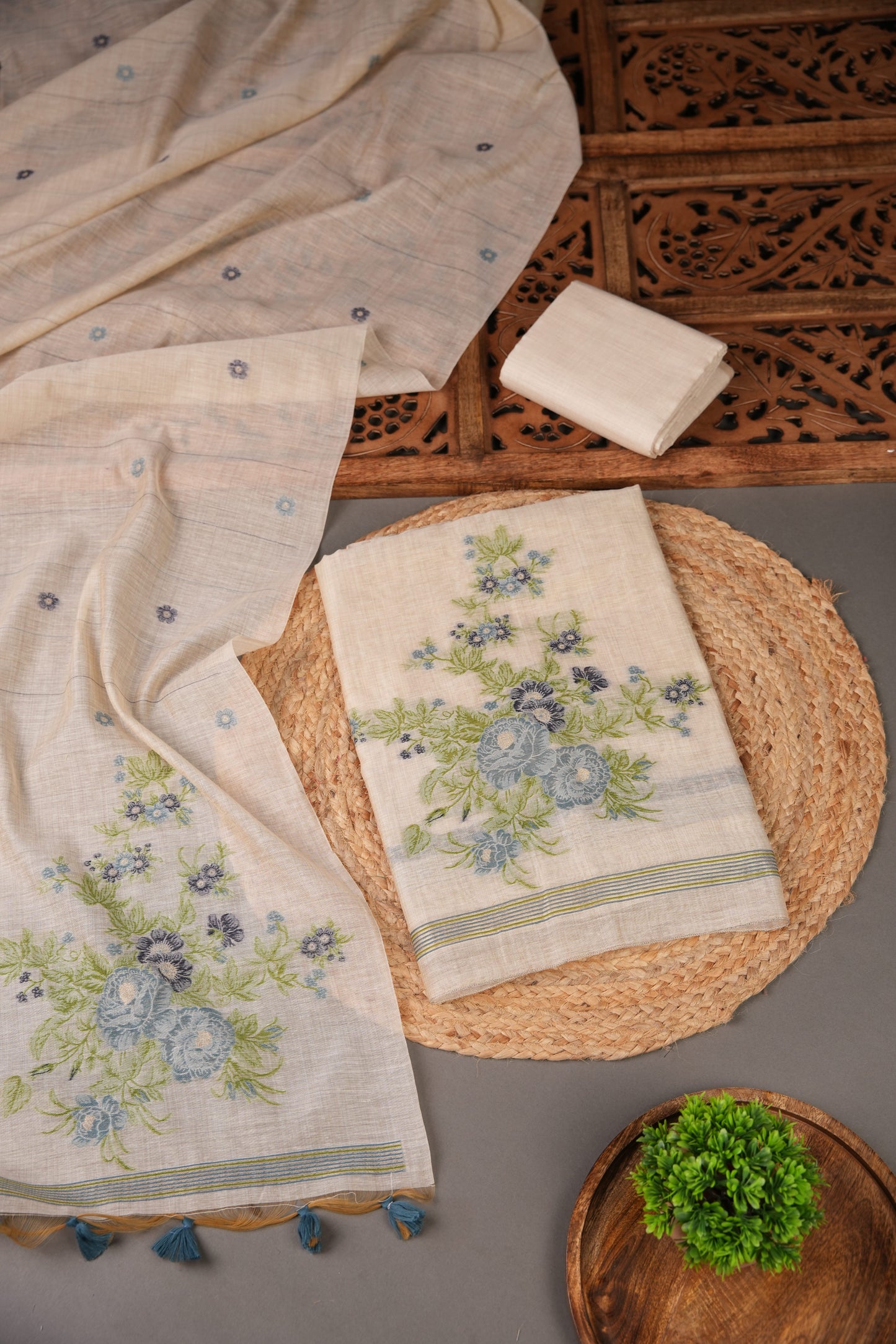 Floral Whispers Blue Muga Cotton Unstitched Suit Set