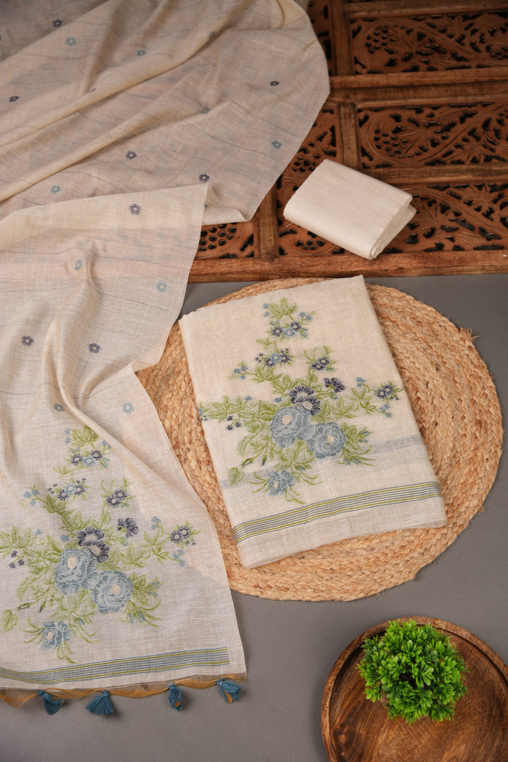 Floral Whispers Blue Muga Cotton Unstitched Suit Set