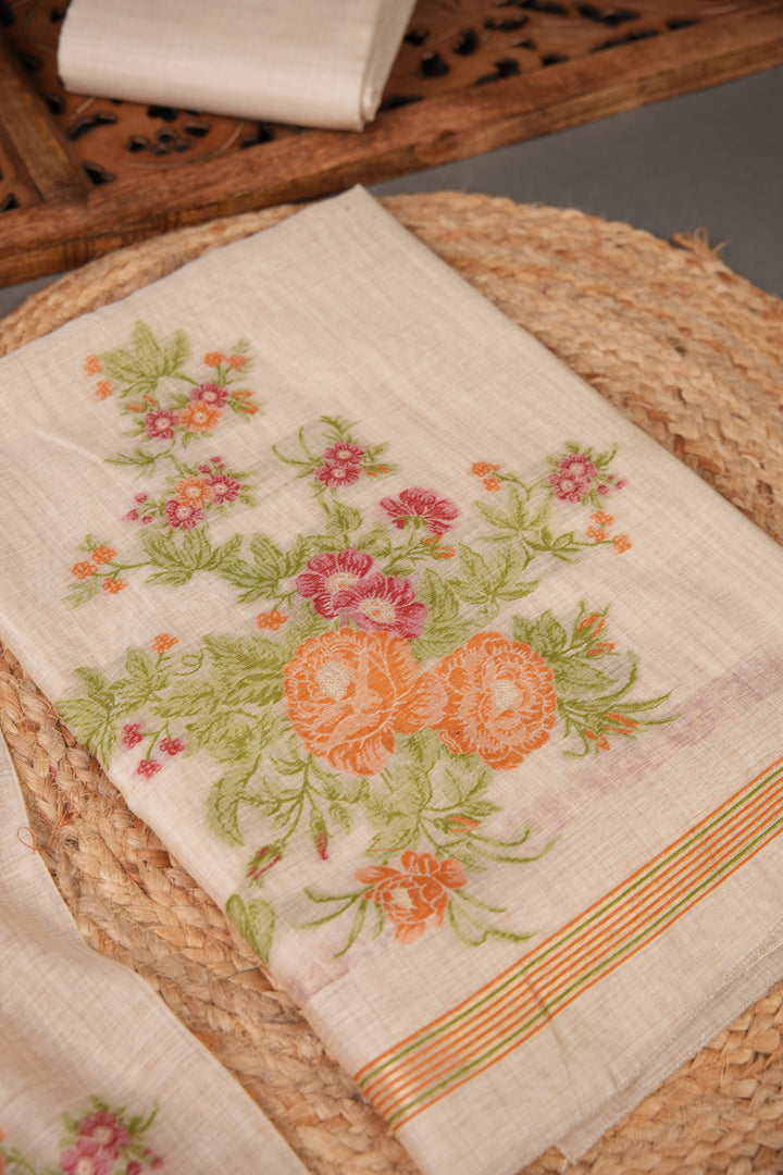 Floral Whispers Orange Muga Cotton Unstitched Suit Set