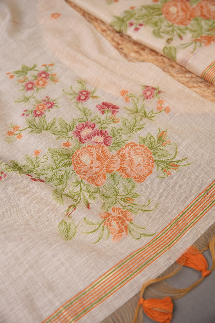 Floral Whispers Orange Muga Cotton Unstitched Suit Set