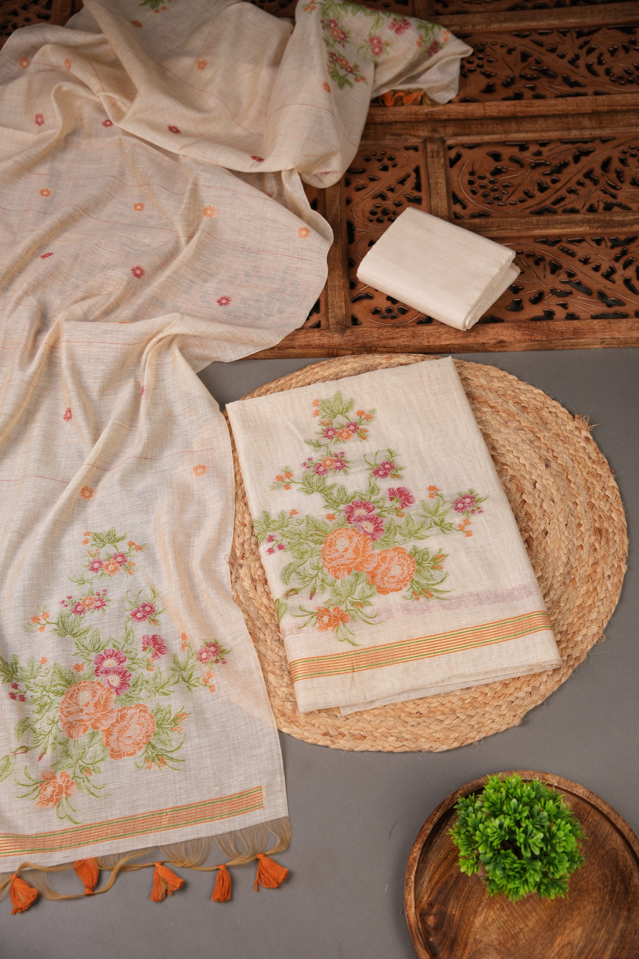 Floral Whispers Orange Muga Cotton Unstitched Suit Set