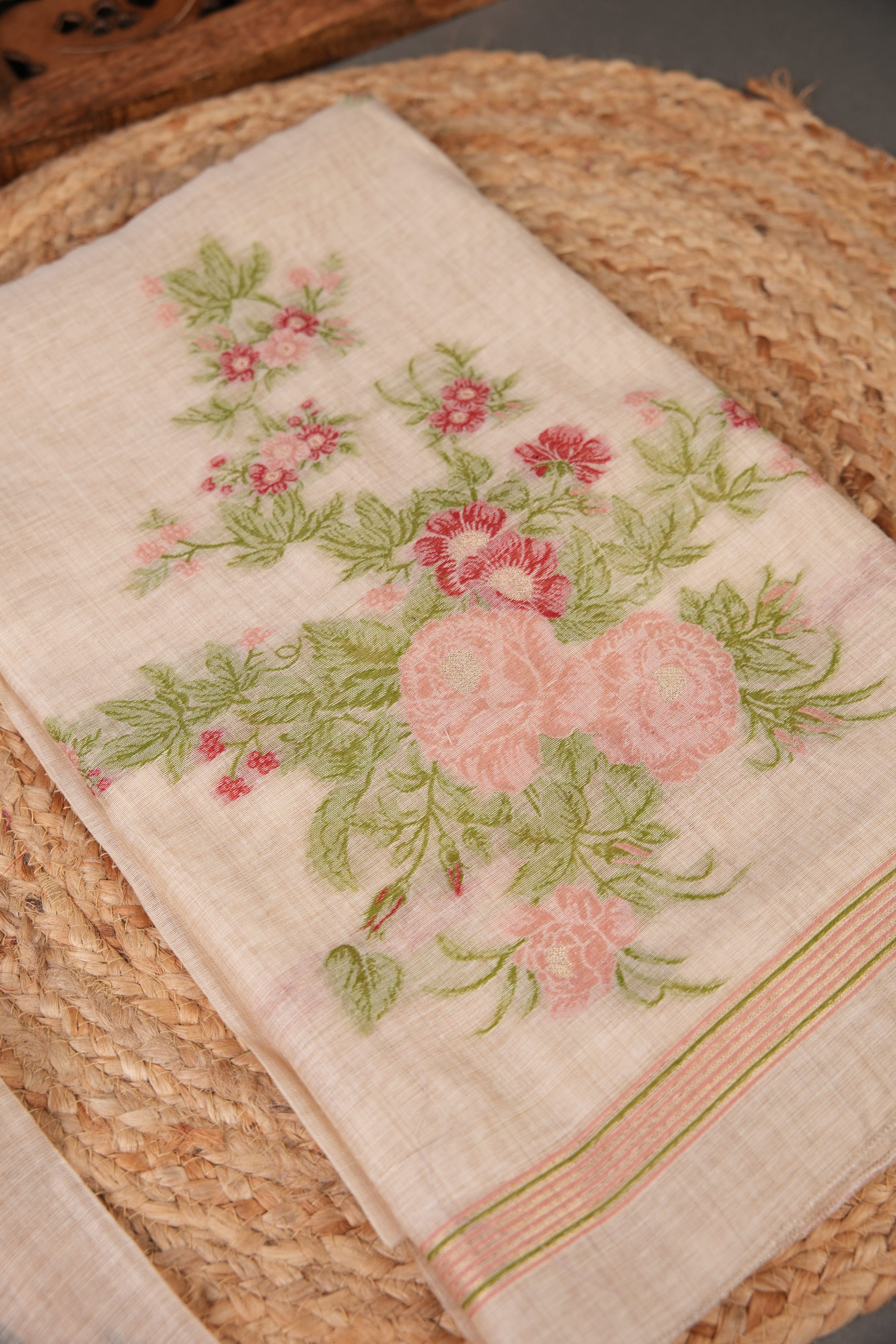 Floral Whispers Pink Muga Cotton Unstitched Suit Set