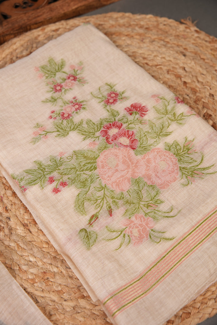 Floral Whispers Pink Muga Cotton Unstitched Suit Set