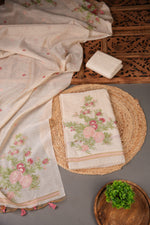 Load image into Gallery viewer, Floral Whispers Pink Muga Cotton Unstitched Suit Set

