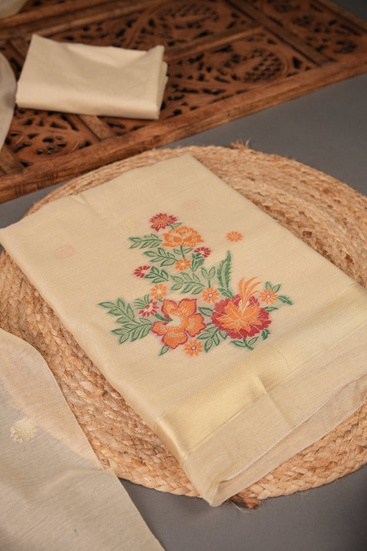 Cotton Bloom Beige Muga Cotton Unstitched Suit Set