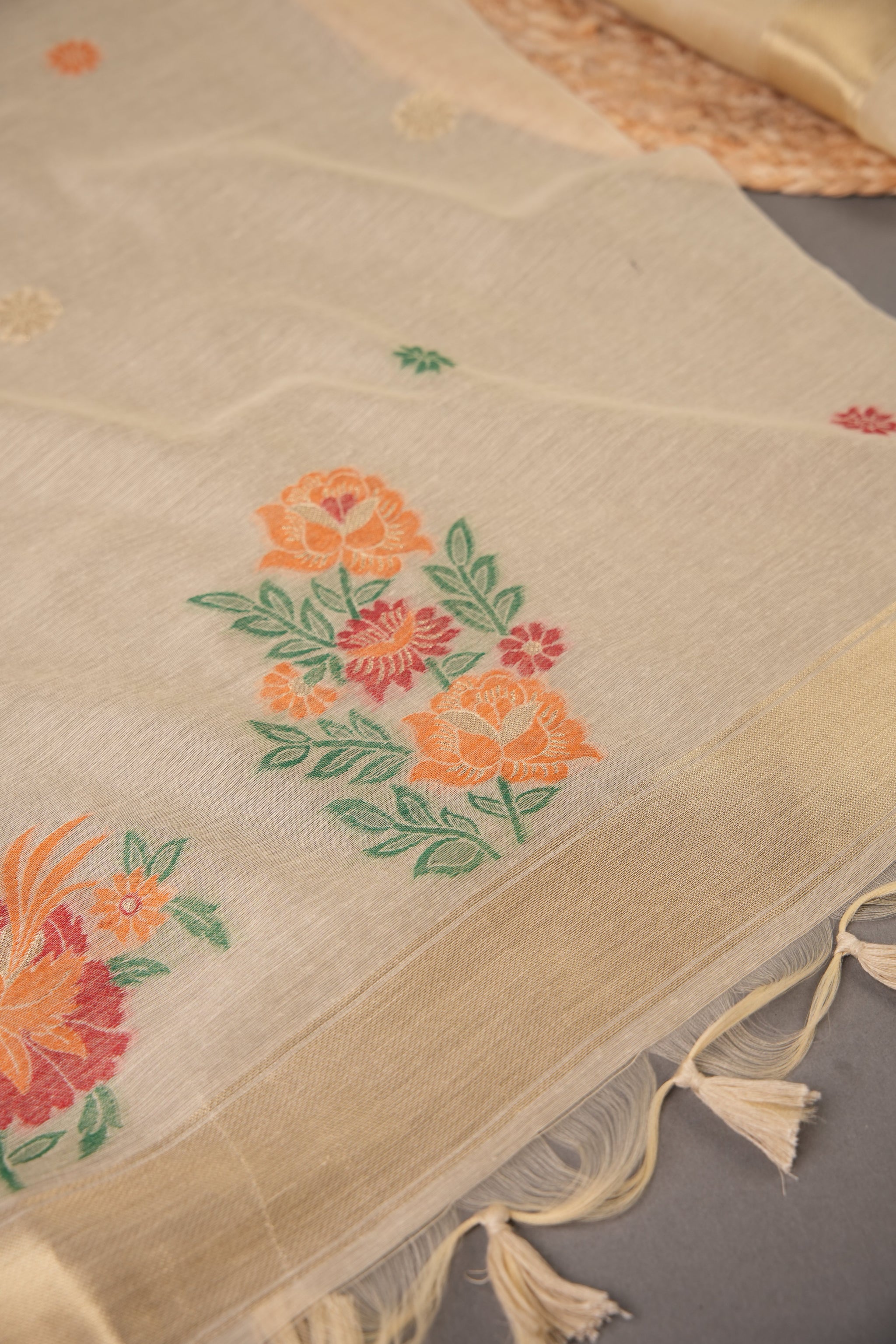 Cotton Bloom Beige Muga Cotton Unstitched Suit Set