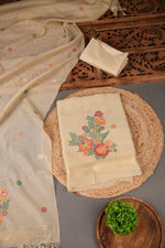 Load image into Gallery viewer, Cotton Bloom Beige Muga Cotton Unstitched Suit Set
