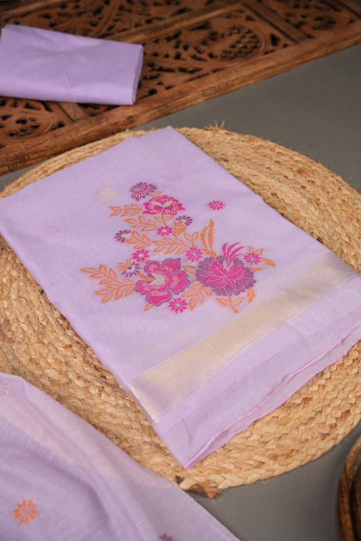 Cotton Bloom Lavender Muga Cotton Unstitched Suit Set
