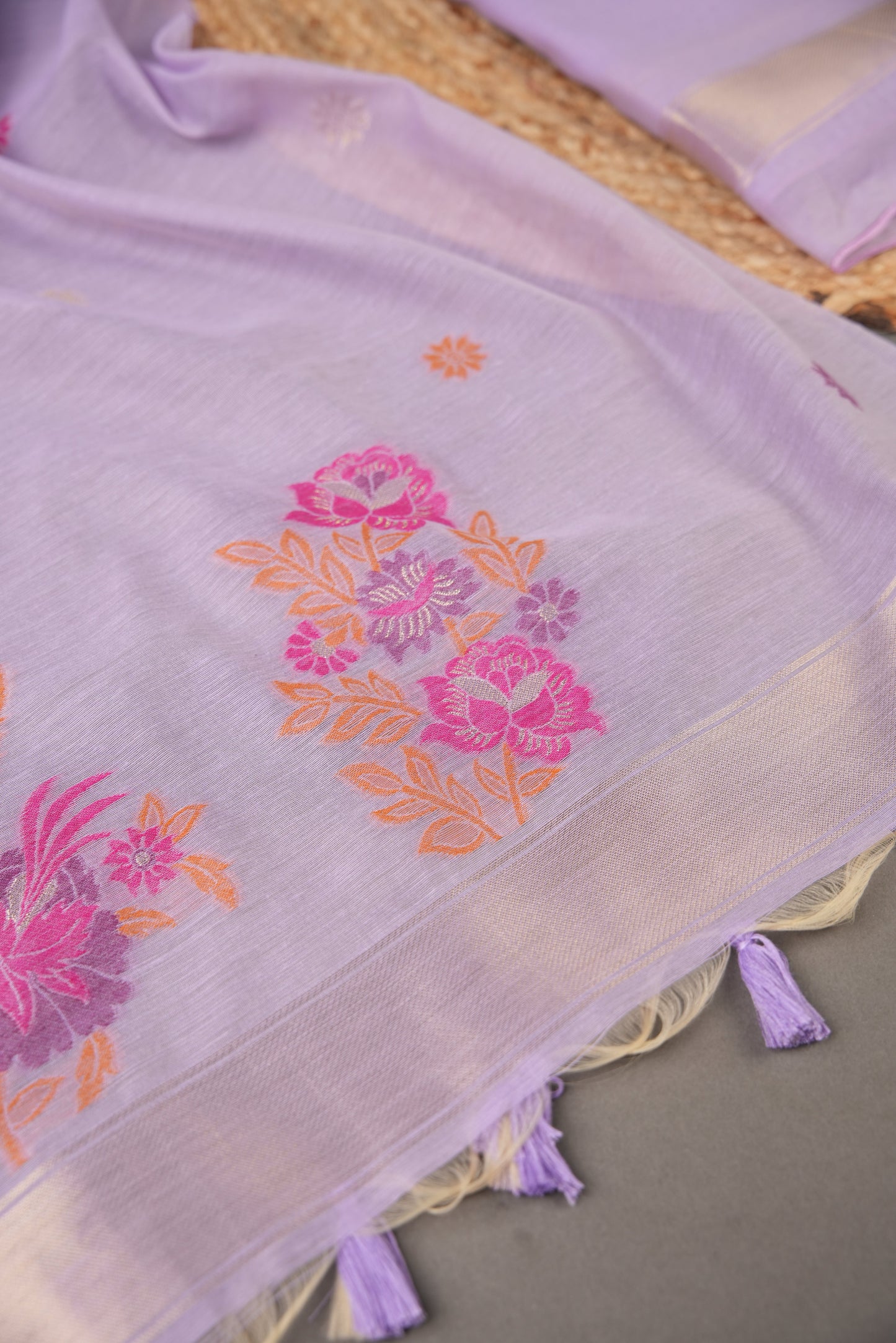 Cotton Bloom Lavender Muga Cotton Unstitched Suit Set