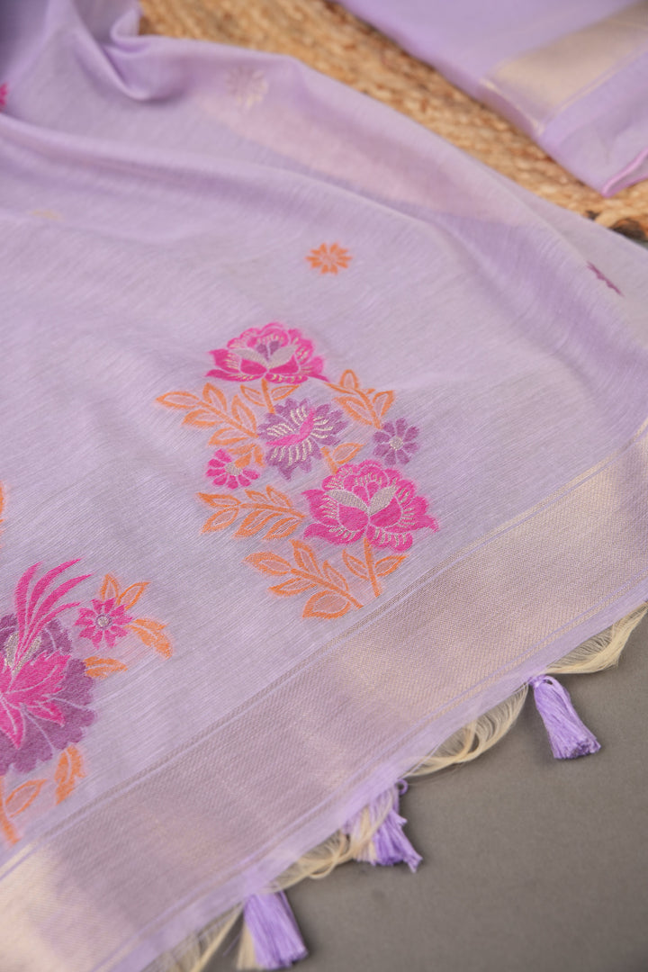 Cotton Bloom Lavender Muga Cotton Unstitched Suit Set