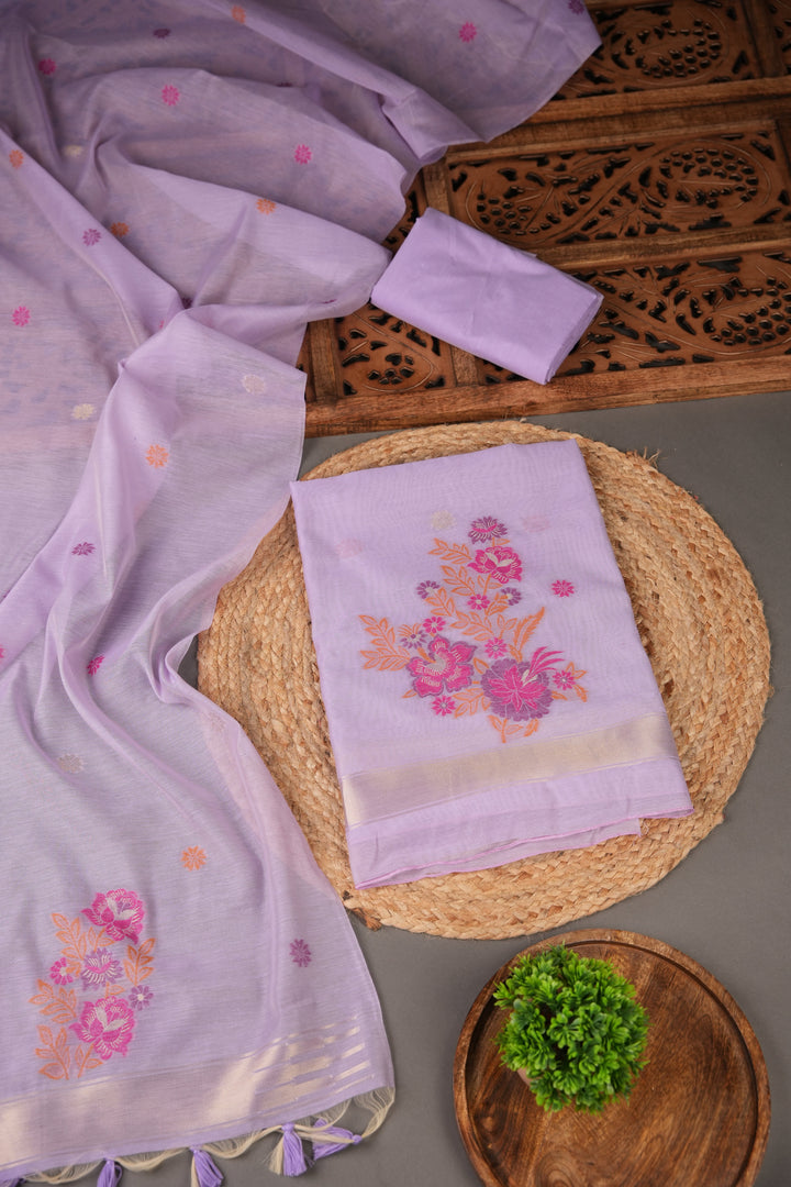 Cotton Bloom Lavender Muga Cotton Unstitched Suit Set