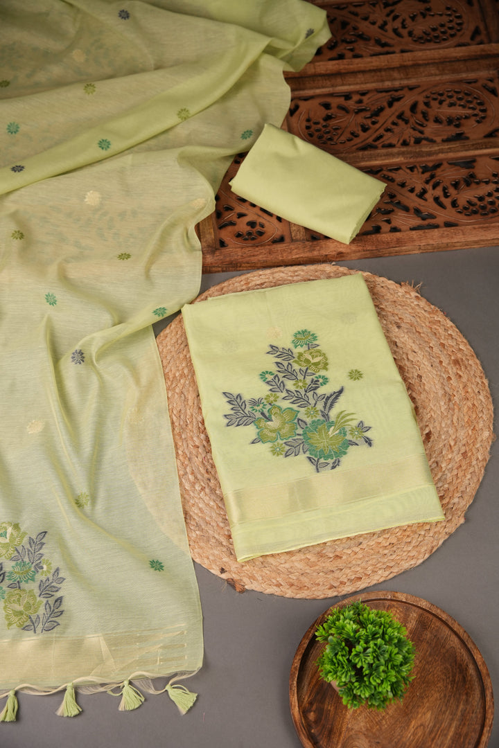 Cotton Bloom Mint Green Muga Cotton Unstitched Suit Set