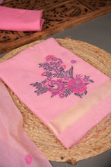 Cotton Bloom Pink Muga Cotton Unstitched Suit Set