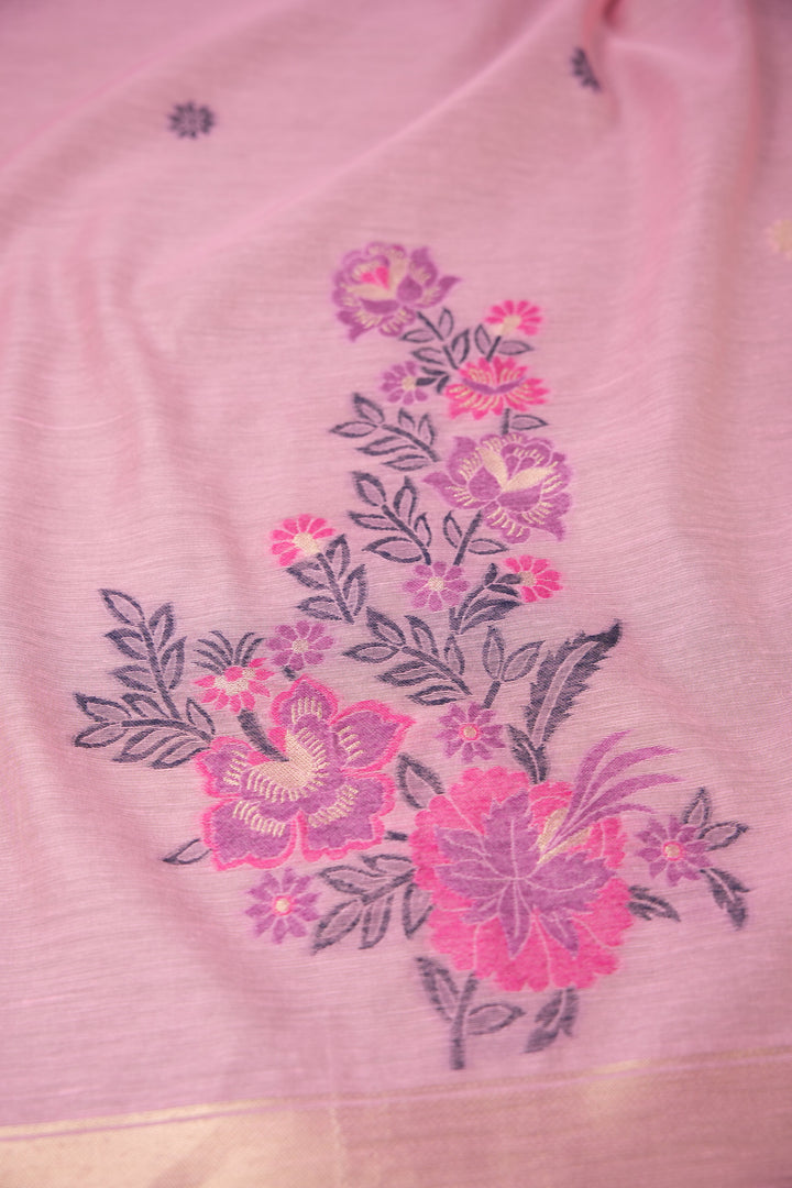 Cotton Bloom Pink Muga Cotton Unstitched Suit Set