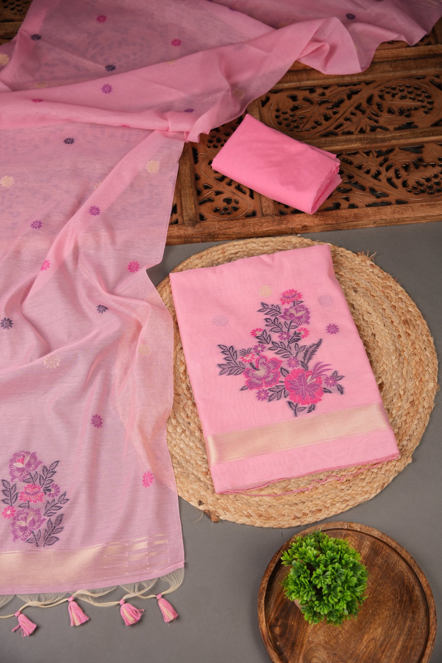 Cotton Bloom Pink Muga Cotton Unstitched Suit Set
