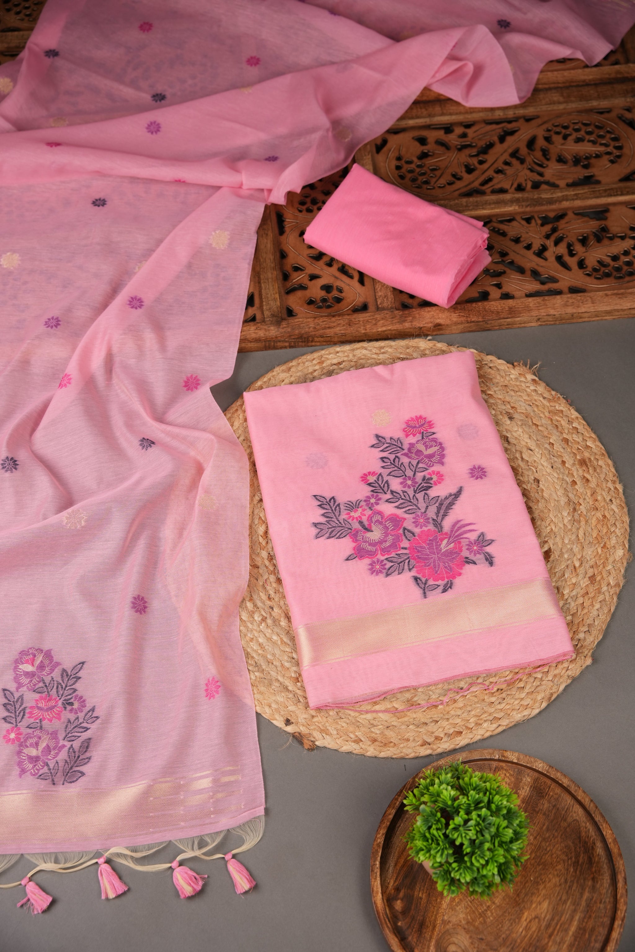 Cotton Bloom Pink Muga Cotton Unstitched Suit Set