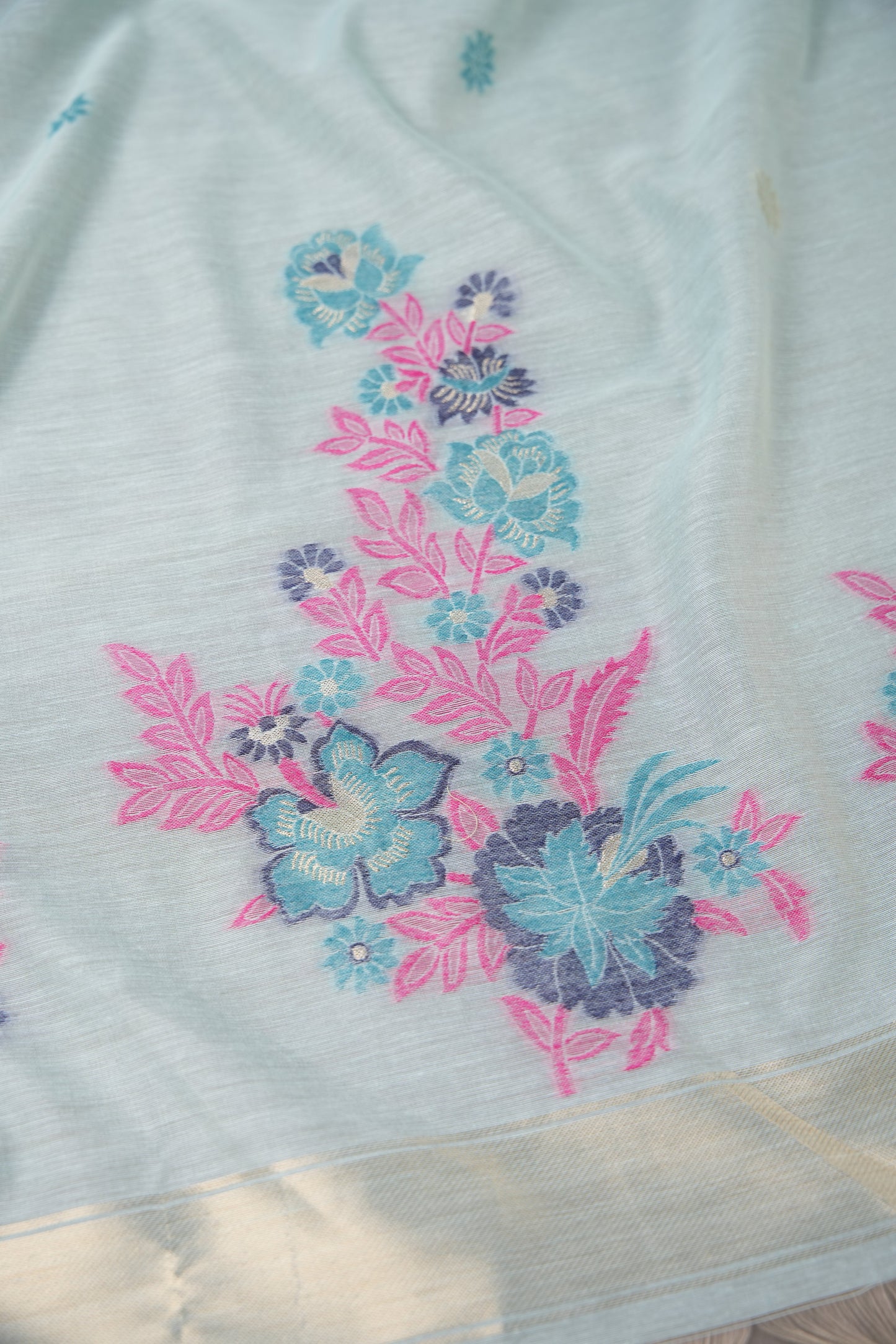 Cotton Bloom Sky Blue Muga Cotton Unstitched Suit Set