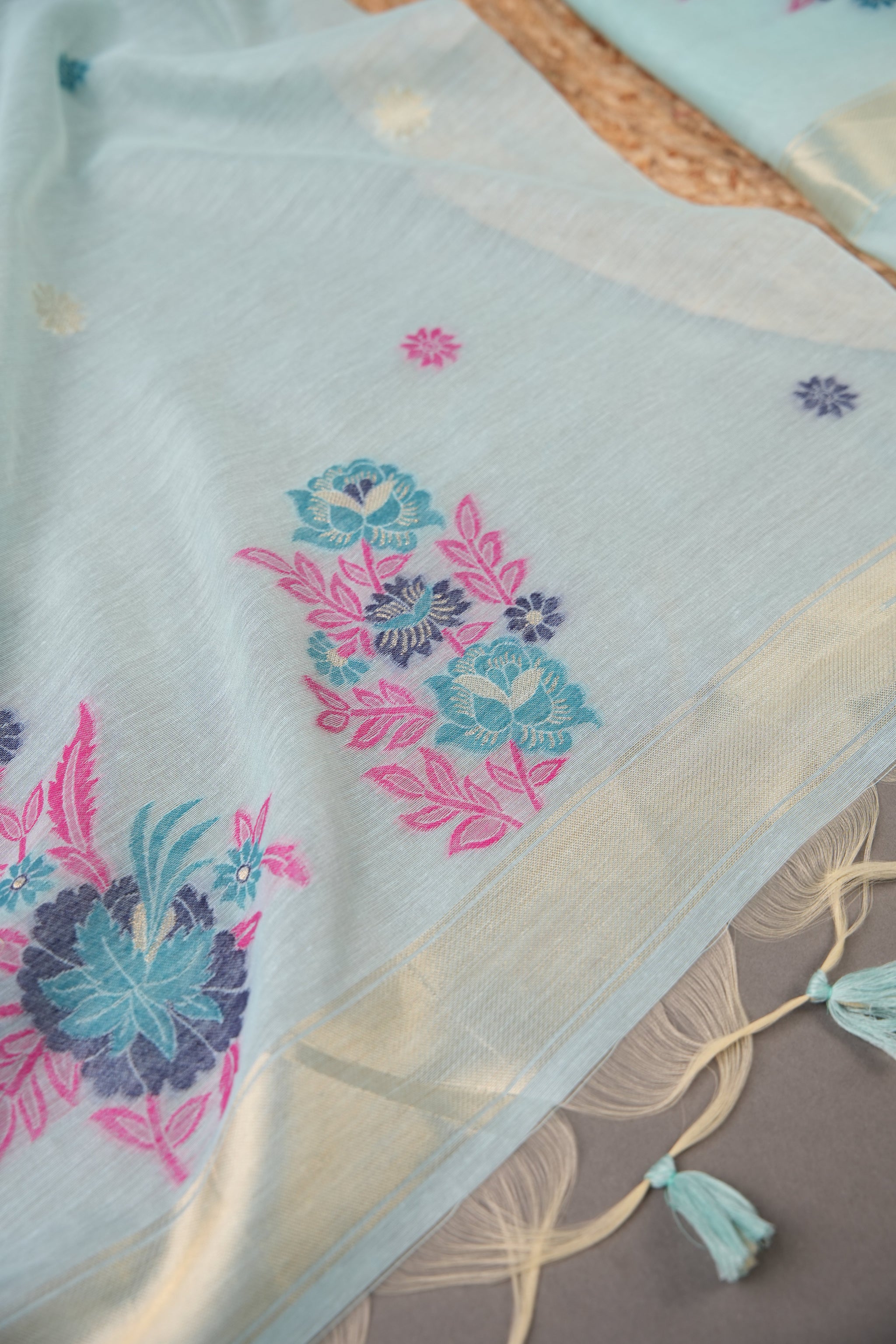 Cotton Bloom Sky Blue Muga Cotton Unstitched Suit Set