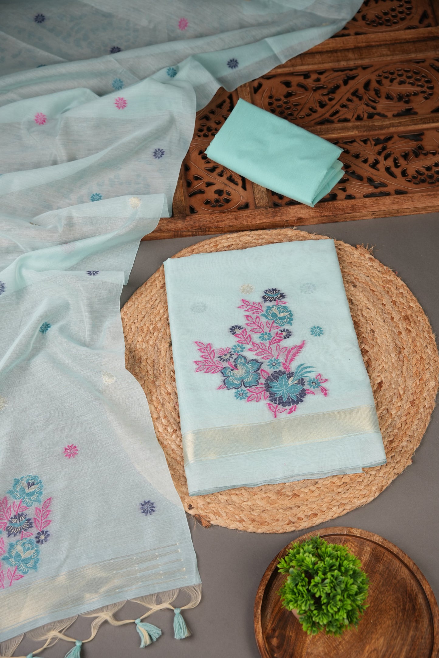 Cotton Bloom Sky Blue Muga Cotton Unstitched Suit Set