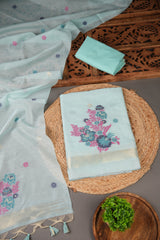 Cotton Bloom Sky Blue Muga Cotton Unstitched Suit Set