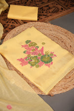 Load image into Gallery viewer, Cotton Bloom Yellow Muga Cotton Unstitched Suit Set
