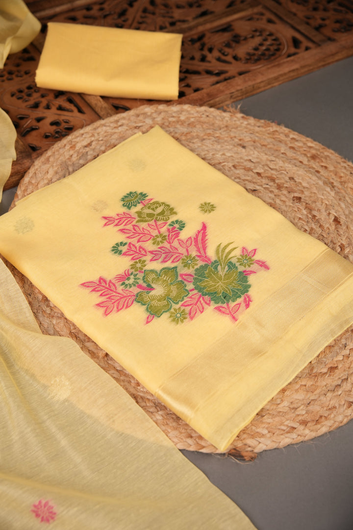 Cotton Bloom Yellow Muga Cotton Unstitched Suit Set