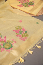 Load image into Gallery viewer, Cotton Bloom Yellow Muga Cotton Unstitched Suit Set
